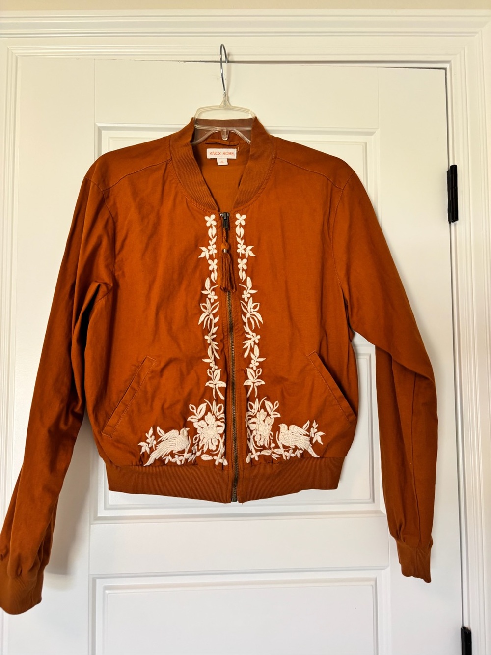 Knox Rose Rust Bomber Jacket with White Floral Embroidery